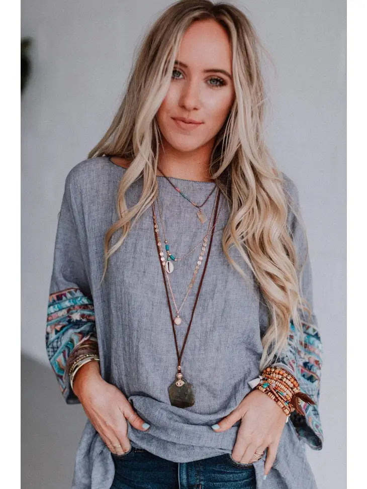 Fallon Embroidered Sleeve Poncho - Gray