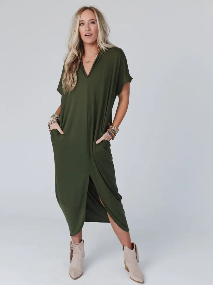 First Pick Hooded Slit Dress - Olive