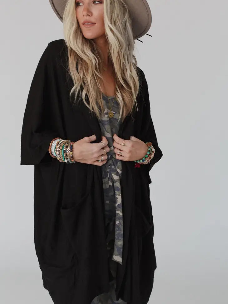 Boho Essential Hooded Ribbed Sweater - Black