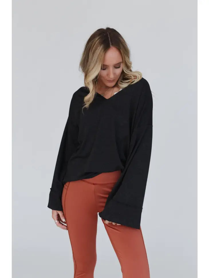 Love It V Neckline Sweater Top - Charcoal