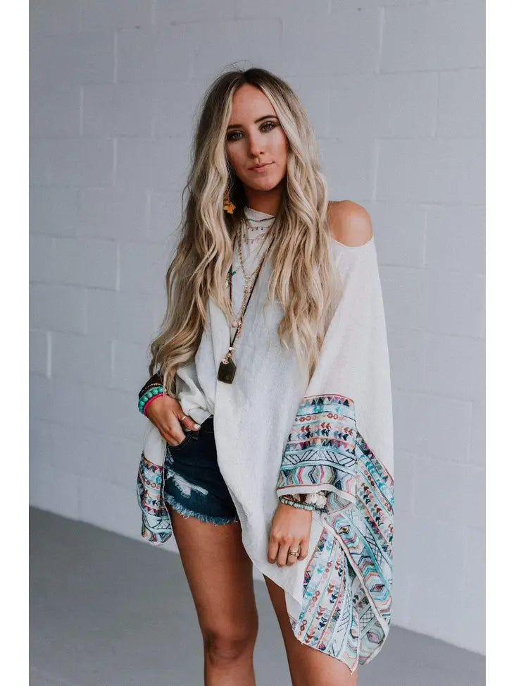 Fallon Embroidered Sleeve Poncho - Ivory
