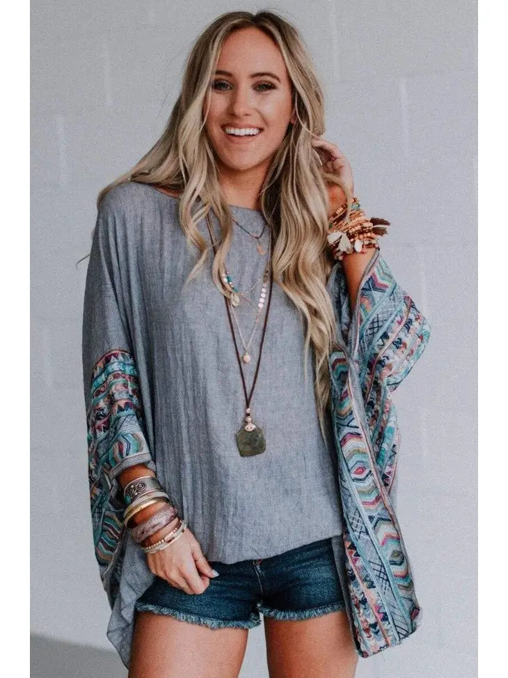 Fallon Embroidered Sleeve Poncho - Gray